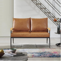 Lemroe Modern 2 Seater Leather Sofa with Metal Frame and Wooden Armrests for Living Room Guest Room Office (Light Brown, 2 Seater)