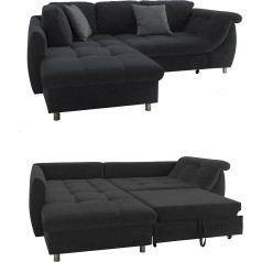 Luma-Home Schönes Für Dein Zuhause Modern Corner Sofa with Sleep Function 250 x 190 cm, Wave Suspension with Comfort Foam, L Couch, Longchair Ottoman Left, Microfibre Cover Anthracite Black, 2 Decorative Cushions Grey / 17116