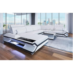 Sofa Dreams Napoli XXL Sofa Living Landscape Leather Sofa in U-Shape Couch with LED Lighting and Headrests (Ottoman Left, White/Black)