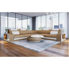 Sofa Dreams Foggia Leather Sofa L Shape Corner Sofa with Lighting Sofa Headrests Couch with USB Port (Sand Beige/White)