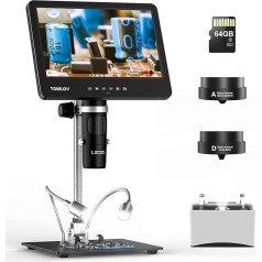 TOMLOV DM601 Triple Lens Digital Microscope, HDMI LCD mikroskops ar ekrānu, 7 collu lodēšanas mikroskops, monētu lupa ar apgaismojumu, mikroskops ar priekšmetstikliņiem, 10 collu statīvs, 64 GB, Windows/Mac