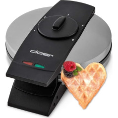 Cloer 1639SR Waffle Iron, Heart Waffle 15.5 cm Diameter, Double Non-Stick Coating, Sugar-Resistant, 930 W, Baking Light, Practical Stand Function, High-Quality Stainless Steel Casing, Stainless Steel