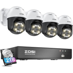 ZOSI 5MP PoE āra novērošanas kameru komplekts, 4 x 355°/140° pagriežama IP kameras kupola kamera un 8CH 4K PoE NVR ar 2TB cieto disku, divvirzienu audio, skaņas un gaismas brīdinājuma sistēma, C296