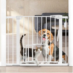 COMOMY Door Safety Gate with Cat Flap, 75-103 cm Stair Safety Gate No Drilling for Dogs and Cats, Autoclose, Expandable Door Gate with 7 cm and 14 cm Extensions, White