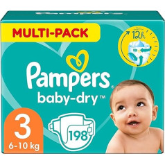 Pampers autiņbiksītes 3. izmēra (6-10 kg) Baby Dry, 198 gab., mēneša iepakojums, līdz 12 stundām ilgas, aizsargā pret noplūdi no visām pusēm