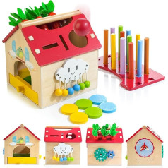 Kizfarm 4-in-1 Motor Skills Cube Activity Cube Koka aktivitāšu rotaļlieta Koka rotaļlieta Motor Skills Toy Koka rotaļlieta Mācību rotaļlieta maziem bērniem Montessori rotaļlieta no 1 gada