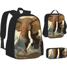 BTCOWZRV 3 Pack Canvas Elephant Blue Black Backpack Shoulder Travel Bag for Women Men with Lunch Box Pencil Case