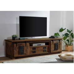 MASSIVMOEBEL24.DE Dzelzceļa TV skapis no masīvkoka #446 Mango koka brūns, eļļots ar bīdāmām durvīm 180 x 55 x 50 cm 2 atvilktnes 5 plaukti zemais skapis