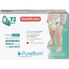 PureBorn Baby Premium Pull Up autiņbiksītes, 6. izmērs (15+ kg), 72 gab., optimāla aizsardzība dienā un naktī, dermatoloģiski pārbaudītas, īpaši mīkstas, ādai draudzīgas.