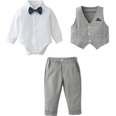 Amissz Baby Boys Clothing Set Suit 3-24 Months, Toddler Gentleman Long Sleeve Romper Shirt + Trousers + Vest + Bow Tie Festive Christening Wedding