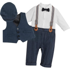 Bērnu zēni Tuksiko uzvalks Jumpsuit džentlmenis Bow Tie garām piedurknēm Romper Vest cepure 3 gabalu apģērbu komplekts Toddler kristības kāzu svētki 1. dzimšanas dienas ballīte pavasara rudens bērnu apģērbs