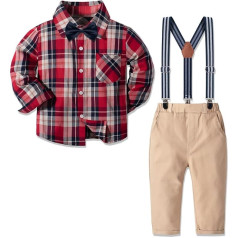 Nwada Children's Clothing Boy Suit Children's Vintage Clothing Set Checked Shirt and Braces Trousers and Bow Tie Clothing Set, chequered red