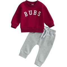 Toddler Baby Boys 2-Piece Clothing Set Long Sleeve Round Collar Bubs Print Pullover Sweatshirt Pullover Elastic Waist Trousers Newborn Boys Tracksuits, Wine red and grey