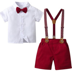 FEESHOW 4-Piece Children's Baby Boys Suit Festive Wedding Formal Gentleman Suits Bow Tie Short Sleeve Shirt Braces Shorts Clothing Sets, Q_White&Red