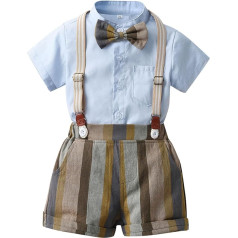 GUSUTZX Kleinkind Jungen Kurzarm Blau Gestreiftes Hemd Tops Shorts Mit Krawatte Kind Kinder Gentleman Outfits Kleinkind Baby Boy Kleidung Set Shirt Top Suit