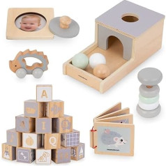 Mamabrum, Montessori Educational Box for Toddlers, 6 Educational Toys, Wooden Toy, Ratchet, Blocks, Car, Hedgehog, Wooden Book
