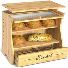 NANAOUS Bread Bin with Chopping Board Bread Bin Large Wood Bamboo Double Extra Large Bread Box for Bread Storage of Kitchen Adjustable Compartments