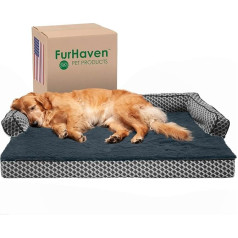 Furhaven Kühlendes Gel-Hundebett für große Hunde mit abnehmbaren Nackenrollen und waschbarem Bezug, für Hunde bis zu 43 kg – Plüsch und gewebte Dekoration bequemes Sofa – Diamantgrau, Jumbo/XL