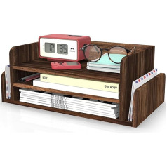 HZE Schreibtisch Organizer Holz 5 Tabletts, Rustic 3-Tier Briefablage Holz mit 2 Seite Mail Sorting Slots, Büro Ablage für Ordner, Mail, Schreibwaren (Dunkelbraun)