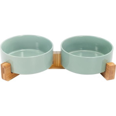 SPUNKYJUNKY Ceramic Double Dog Feeding Bowl with Bamboo Stand for Large Dogs (1800 ml, Light Green)