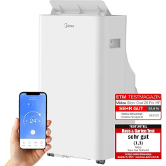 Midea Silent Cool 26 Pro WF mobilais gaisa kondicionieris 9000 BTU 2,6 kW, dzesēšana, ventilācija un gaisa sausināšana, telpas izmērs līdz 88 m³ (33 ㎡), App Control, Alexa, Google Home/IFTTT, mobilais gaisa kondicionieris