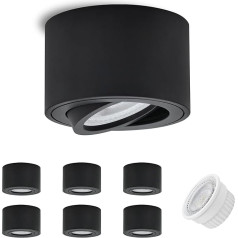 GeyouLux Pack of 6 Surface-Mounted Spotlights, melns, 5 W, 500 lm, plakans virsmas prožektors, 3000 K, silti balts, 30° rotācija, alumīnija LED griestu starmeši, diametrs 80 x 50 mm,