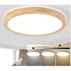 WayLuoung koka LED griestu lampa, diametrs 60 cm, 3000-6000 K, 48 W, apaļa augšdaļa, 360° gaismas dabīgā koka lampa, guļamistaba, dzīvojamā istaba, bērnu istaba, virtuve, ēdamistaba (ar tālvadības pulti)