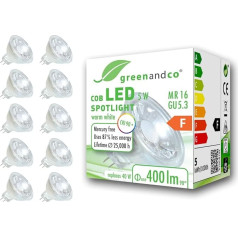 greenandco 10x CRI 90+ MR16 GU5.3 LED prožektors, 5 W, 400 lm, 38°, 3000 K, silti balts, COB LED, 12 V AC/DC, bez apgaismojuma