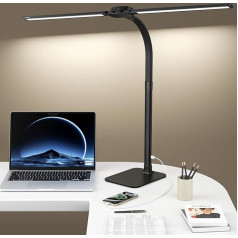 Kary Led Schreibtischlampe Dimmbar mit fuß, 24W Ultra Hell Doppelkopf tischlampe für Büro, Arbeit, Design,Lesen, Augenpflege Lampe mit Fernbedienung und USB-Ladeanschluss, Schwarz