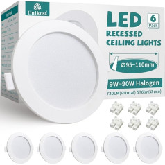 Unikcst 6 LED iegremdējamie starmeši, 9 W starmeši, griestu gaisma, 120 mm, 6000 K, 720 lm, balta, apaļi griestu starmeši, diametrs 95-110 mm, caurumu diametrs, iegremdējamie gaismekļi viesistabai