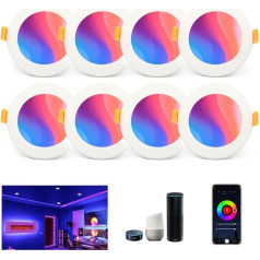 WiFi Bluetooth LED iegremdējamie prožektori, 5 W, RGB, silti balts, vēss balts, griestu prožektori, aptumšojami, 230 V, saderīgi ar Alexa, Google Home, 8 gab. komplektā