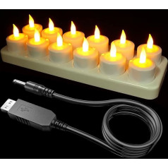 SoulBay uzlādējamas LED sveces, 12 mirgojošu nedegošu tējas sveču komplekts ar uzlādes staciju un USB kabeli, silti dzeltenas, piemērotas mājokļa, Helovīna, galda, iekštelpu dekorēšanai (bez tālvadības pults)