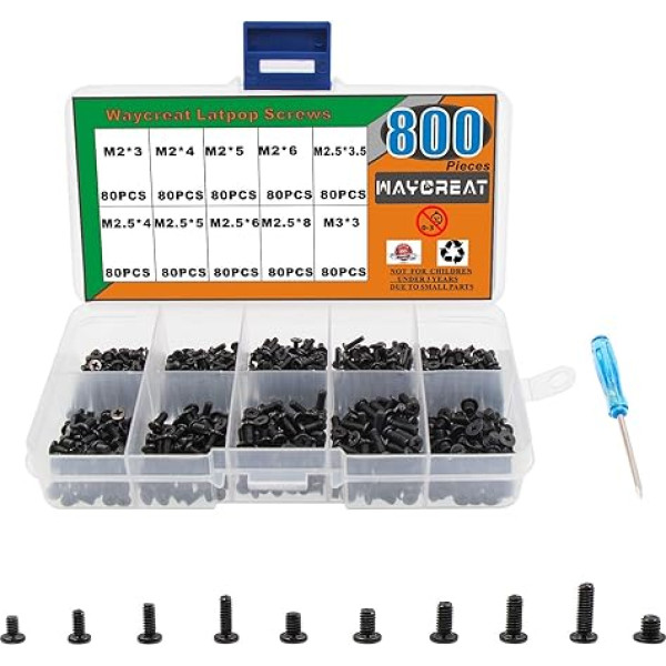 Waycreat 800pcs M2 M2.5 M3 Laptop Notebook Computer Screws Kit for IBM HP Dell Samsung Sony Toshiba Gateway Acer Lenovo (10 Sizes)