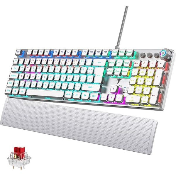 TECURS Gaming Keyboard Mechanical - programmējama spēlētāju tastatūra ar magnētisko plaukstas balstu, sarkans slēdzis, 19 LED režīmi, multimediju taustiņi, datorklaviatūra ar kabeli, QWERTZ DE izkārtojums, balta