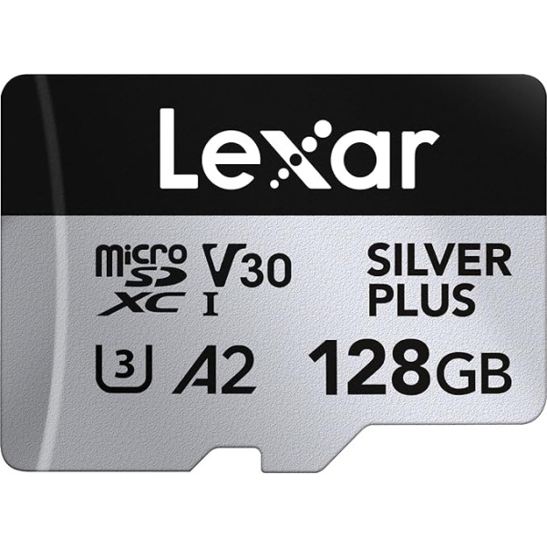 Lexar Silver Plus Micro SD Card 128 GB, Up to 205 MB/s Read Speed, 150 MB/s Write Speed, Memory Card Micro SD with SD Adapter, UHS-I, A2, U3, V30, Class 10, 4K UHD microSDXC