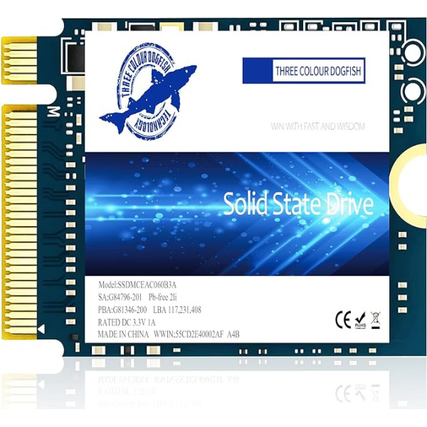 Dogfish SSD M.2 2230 NVMe PCIe 4.0 512GB 3D TLC NAND spēļu iekšējais cietvielu diskdziņš saderīgs ar Steam Deck PS5 Surface Pro Laptop Desktop (M.2 2230 NVMe 4.0, 512GB)