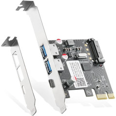 Binardat PCIE-USB 3.0 paplašināšanas karte, 2 USB A tipa un 1 USB C tipa pieslēgvieta, savs barošanas avots, zema profila kronšteins, paredzēta Windows 10/11