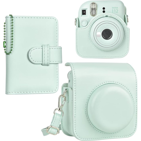 HIYQIN Instant Camera Case saderīgs ar Instax Mini 12/11 /9/8/8+, PU ādas soma ar kabatu un regulējamu plecu siksnu, zaļa, somiņa fotoaparātam