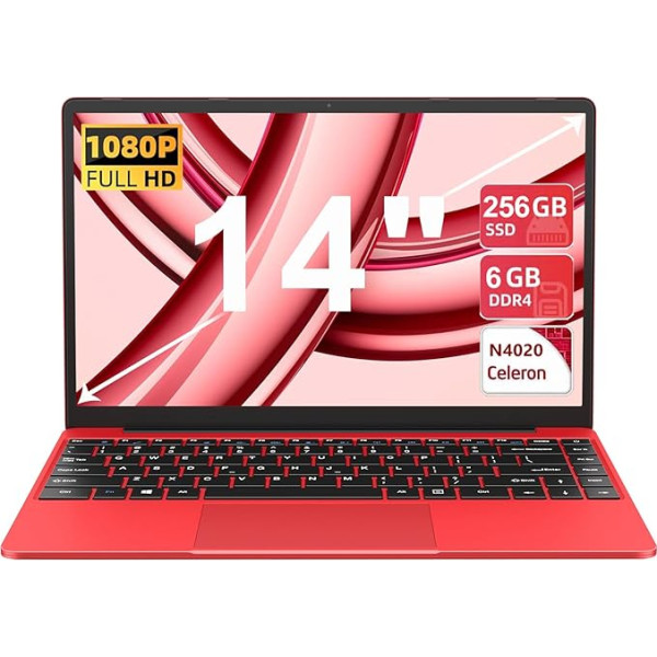 AOCWEI klēpjdators 14 collu Celeron N4020 līdz 2,8 GHz, portatīvie datori Win 11 Con 5G WiFi 6+256GB SSD paplašināšana 1TB, BT 4.2 1920 x 1080 FHD Mini multimediju pieslēgums, piezīmjdators ar vācu klaviatūras plēvi, sarkans