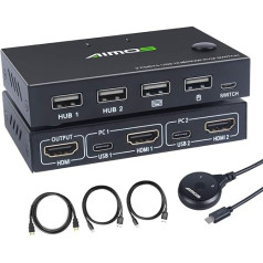 AIMOS KVM slēdzis, 2 in 1 Out slēdzis, koplietošanas monitora peles tastatūras HDMI slēdzis 4K @ 30Hz klēpjdatoram, datoram, PS4, Xbox, var ar USB centrmezgla funkciju, atjaunināt ārējo slēdža pogu