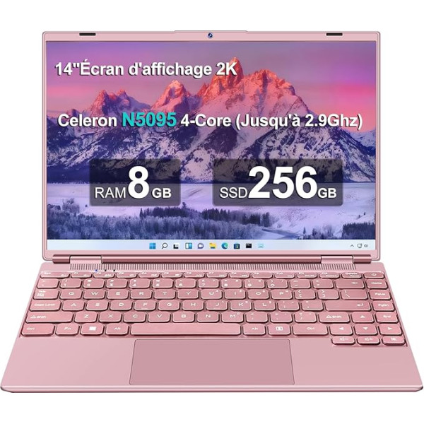 AOCWEI klēpjdators 14 collu 8GB + 256GB SSD ar iespēju paplašināt 1TB SSD, piezīmjdators ar Celeron N5095 (līdz 2,9 GHz), dzesēšanas ventilators 1920 x 1200 2K FHD īpaši plāns ekrāns ar daudzfunkcionālu rozā krāsu