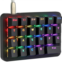 Koolertron Single-Handed Mini tastatūra, mehāniskā spēļu tastatūra ar 23 pilnībā programmējamiem taustiņiem, spēļu tastatūra Windows, Mac, mašīnrakstītājiem, datorspēlētājiem (melna/RGB Backlit/Red Switches)