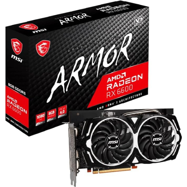 MSI Radeon RX 6600 ARMOR 8G V1 žaidimų vaizdo plokštė - AMD RX 6600, GPU 2044/2491 MHz, 8000 MB DDR6 atminties