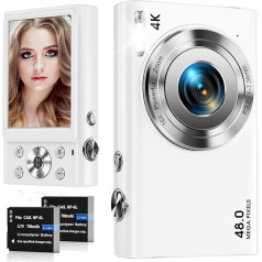 Digitālā kamera, 4K autofokusa fotokamera HD 48MP ar 2,8 collu lielu ekrānu, 16X digitālā tālummaiņa, kompakta fotokamera fotografēšanai, kamera pusaudžiem, pieaugušajiem, iesācējiem (balta)