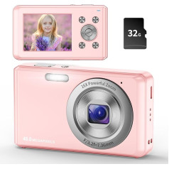 Digitālā kamera, HD 1080P fotokamera, kompaktā kamera ar 32 GB karti, 50 MP kamera, 2,4 collu LCD displejs, 16X digitālā tālummaiņa, bērniem, meitenēm, pusaudžiem, zēniem, iesācējiem (rozā)