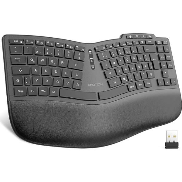 OMOTON Ergonomische Tastatur Kabellos, gepolsterte Handballenauflage, wiederaufladbare kabellose Tastatur, 2.4GHz Wireless Keyboard für Windows, Komfortables Tippen, DE-QWERTZ, Schwarz