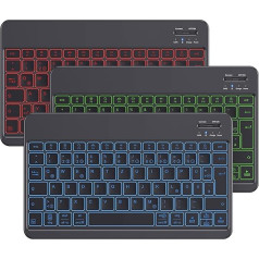 Emetok vācu Bluetooth tastatūra visiem iPad modeļiem/iPhone/Samsung/Android, uzlādējama tastatūra ar 7 krāsu fona apgaismojumu, īpaši plāna, pārnēsājama, bezvadu tastatūra, melna