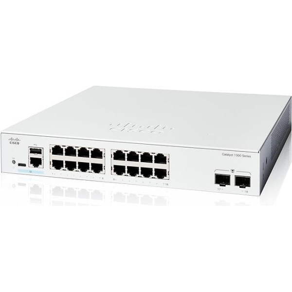 Cisco Catalyst 1300-16T-2G pārvaldāms komutators, 16 pieslēgvietu GE, 2 x 1-GE SFP, ierobežota mūža aizsardzība (C1300-16T-2G)