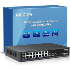 16 prievadų 2,5 G ➕ 2 prievadų 10 G SFP+ Ethernet komutatorius, NICGIGA 18 prievadų 2,5 Gbit Netzwerk-Switch unverwaltet, Plug & Play, Desktop- oder 19-Zoll-Rack-Montage, lüfterloses Metalldesign.