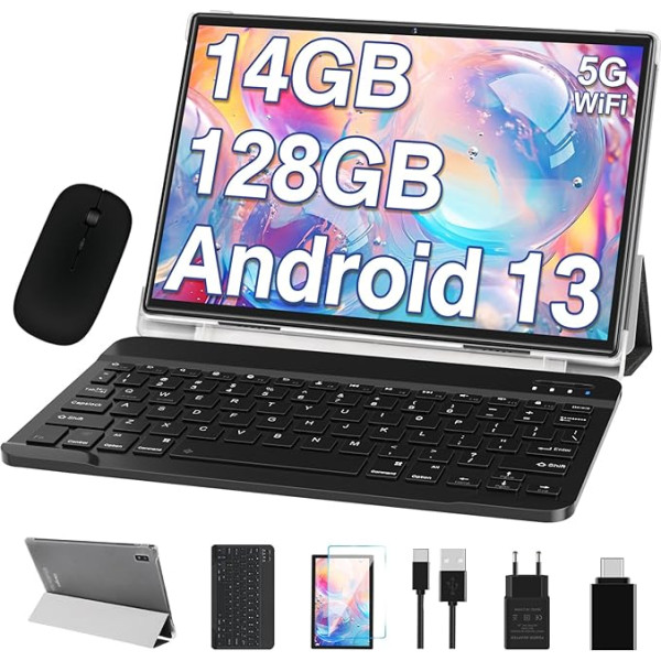 Planšetdators 10.1 Zoll Android 13 OS Octa Core 5G WLAN,14GB RAM+128GB ROM(TF 512GB/1TB), 2.0GHz, GMS-Zertifizie | 8000mAh | 1280 * 800 HD-IPS | 5+8MP Kamera | Typ-C | Mit Maus und Tastatur - Grau